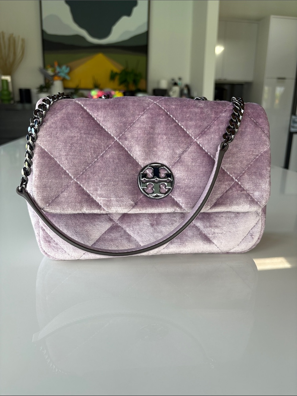 Tory Burch Quilted Velvet Shoulder Bag in Lavender Mist